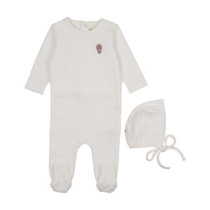 Baby Boy Footie + Hat | Ribbed Velour Embroidered | Winter White/ Red Balloon | Mema Knits | AW25