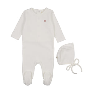 Baby Girl Footie + Hat | Ribbed Velour Embroidered | Winter White/ Rose Heart | Mema Knits | AW25
