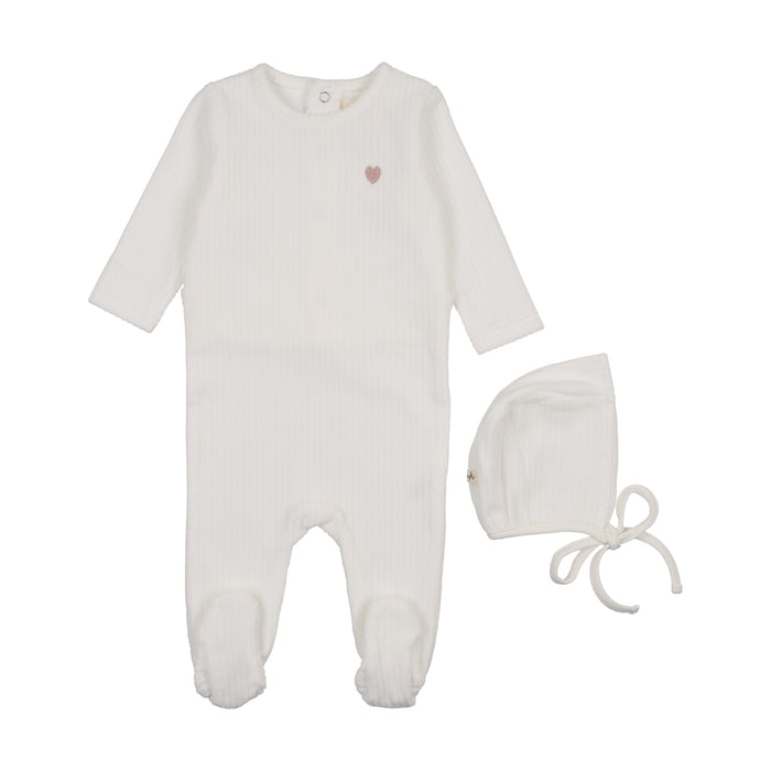 Baby Girl Footie + Hat | Ribbed Velour Embroidered | Winter White/ Rose Heart | Mema Knits | AW25