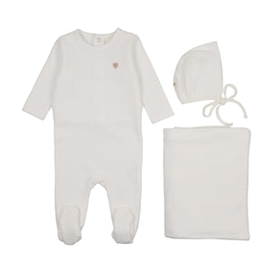 Baby Girl Layette Set | Ribbed Velour Embroidered | Winter White / Rose Heart | Mema Knits | AW25