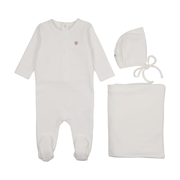 Baby Girl Layette Set | Ribbed Velour Embroidered | Winter White / Rose Heart | Mema Knits | AW25