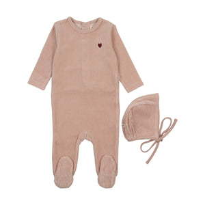 Baby Girl Footie + Hat | Ribbed Velour Embroidered |  Pale Pink / Rose Brown Heart | Mema Knits | AW25