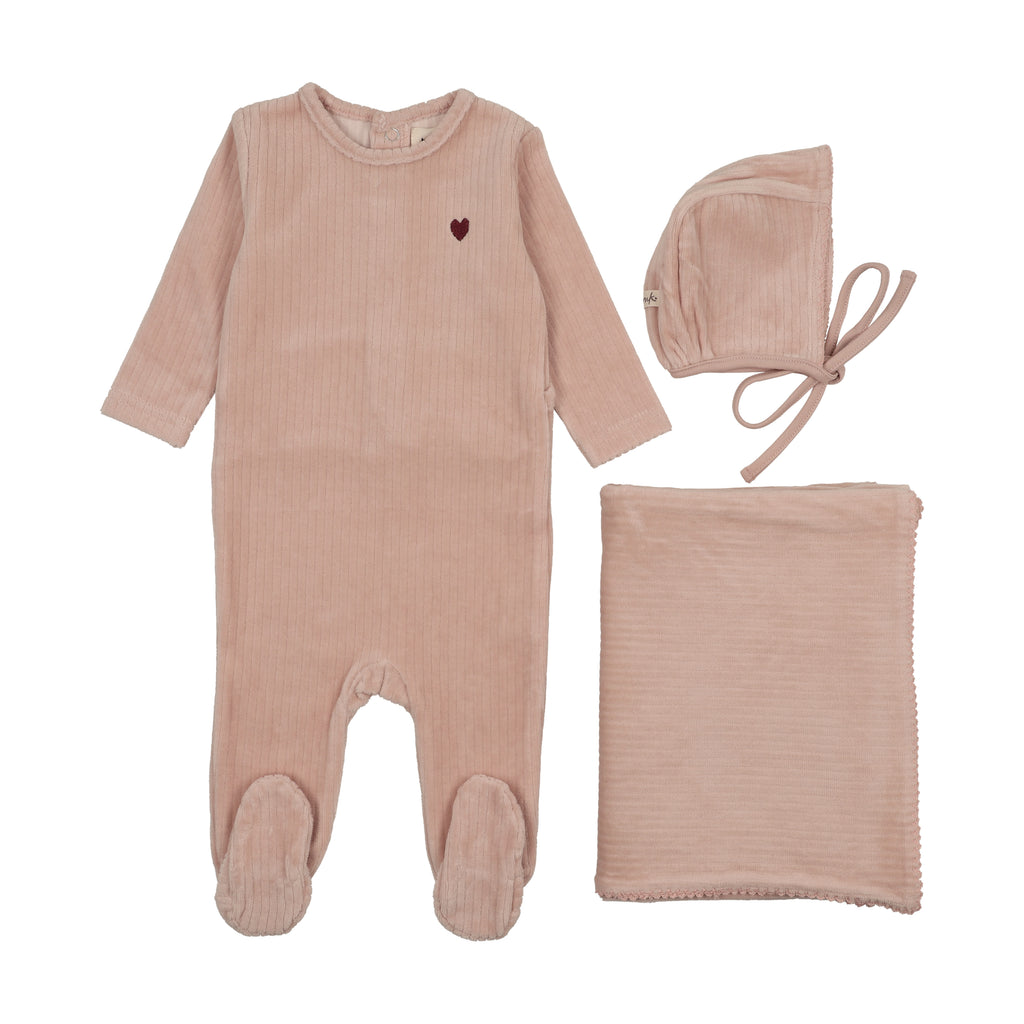 Baby Girl Layette Set | Ribbed Velour Embroidered | Pale Pink / Rose Brown Heart | Mema Knits | AW25