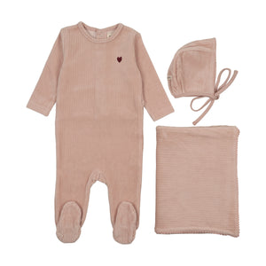 Baby Girl Layette Set | Ribbed Velour Embroidered | Pale Pink / Rose Brown Heart | Mema Knits | AW25