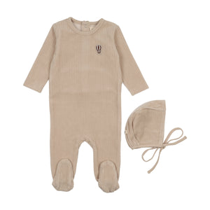 Baby Boy Footie + Hat | Ribbed Velour Embroidered | Oatmeal/Mink Balloon | Mema Knits | AW25