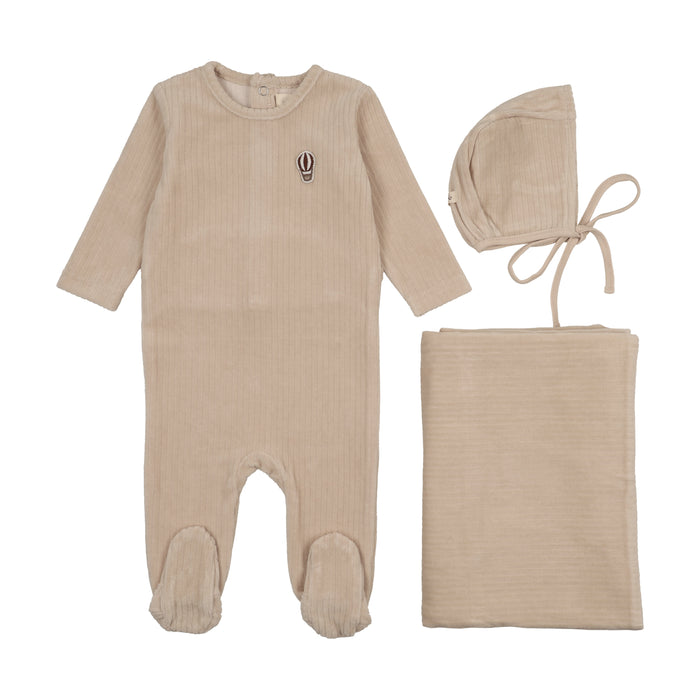 Baby Boy Layette Set | Ribbed Velour Embroidered | Oatmeal/Mink Balloon | Mema Knits | AW25