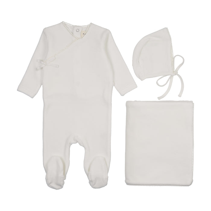 Baby Neutral Layette Set | Velour Mock Wrap | Winter White | Mema Knits | AW25