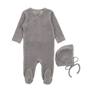 Baby Boy Footie + Hat | Velour Mock Wrap | Windy Blue | Mema Knits | AW25