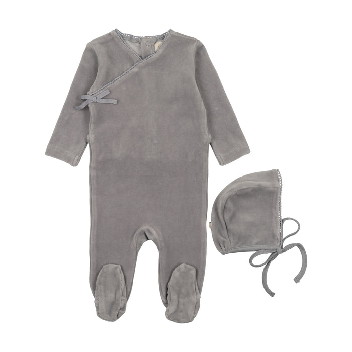 Baby Boy Footie + Hat | Velour Mock Wrap | Windy Blue | Mema Knits | AW25