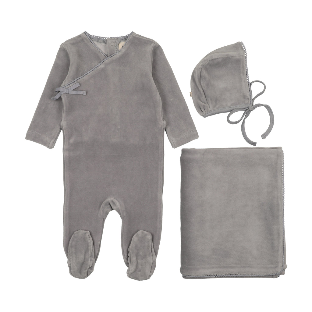 Baby Boy Layette Set | Velour Mock Wrap | Windy Blue | Mema Knits | AW25
