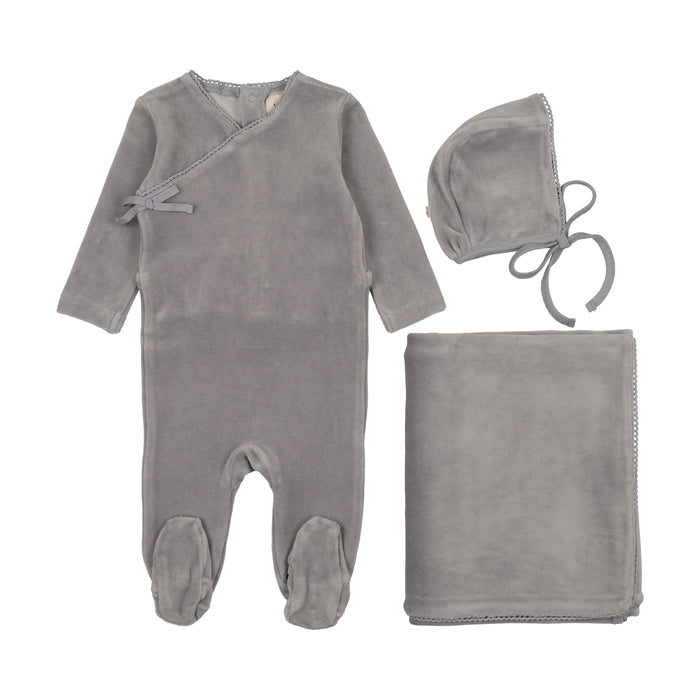Baby Boy Layette Set | Velour Mock Wrap | Windy Blue | Mema Knits | AW25