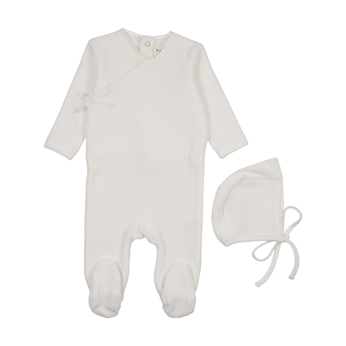 Baby Neutral Footie + Hat | Velour Mock Wrap | Winter White | Mema Knits | AW25