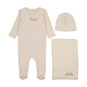 Baby Girl Layette Set | French Terry Embroidered Bebe | Ivory/Rose Smoke | Mema Knits | AW25