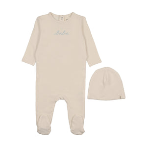 Baby Boy Footie + Hat |  French Terry Embroidered Bebe  | Ivory / Blue | Mema Knits | AW25