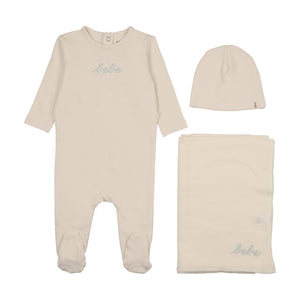 Baby Boy Layette Set | French Terry Embroidered Bebe | Ivory/Blue | Mema Knits | AW25