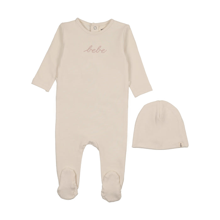 Baby Girl Footie + Hat |  French Terry Embroidered Bebe  | Ivory/Rosewood | Mema Knits | AW25