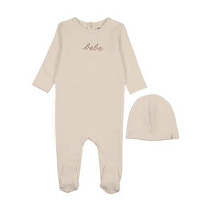 Baby Girl Footie + Hat |  French Terry Embroidered Bebe  | Ivory/Rose Smoke | Mema Knits | AW25