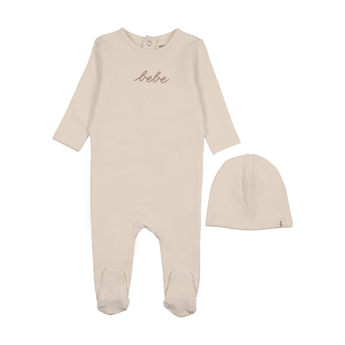 Baby Girl Footie + Hat |  French Terry Embroidered Bebe  | Ivory/Rose Smoke | Mema Knits | AW25