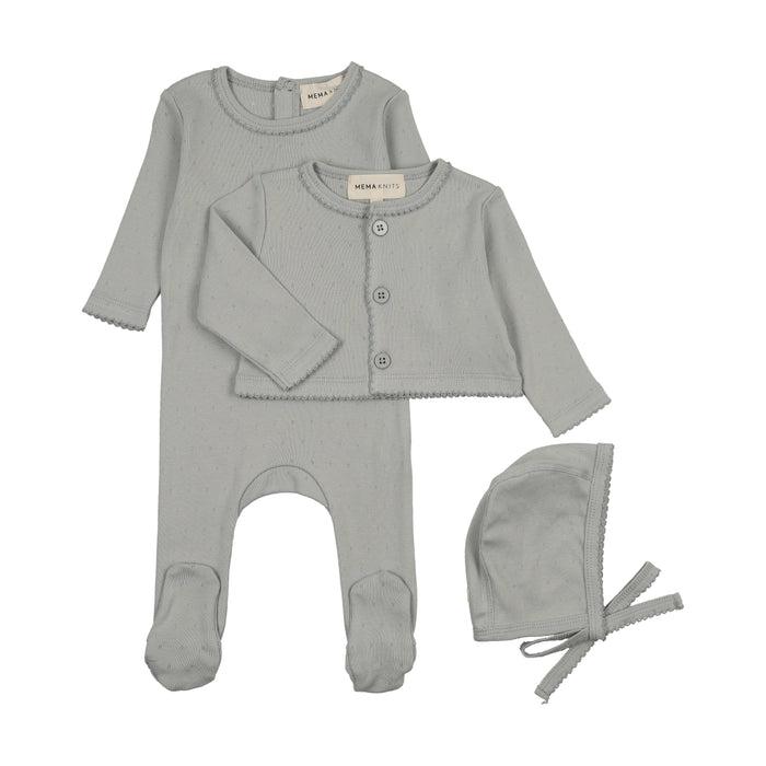 Baby Boy Footie + Cardigan Set |  Pointelle | Windy Blue | Mema Knits | AW25