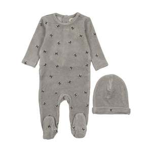 Baby Boy Footie + Hat |  Velour Scattered Cherries | Misty Blue| Mema Knits | AW25
