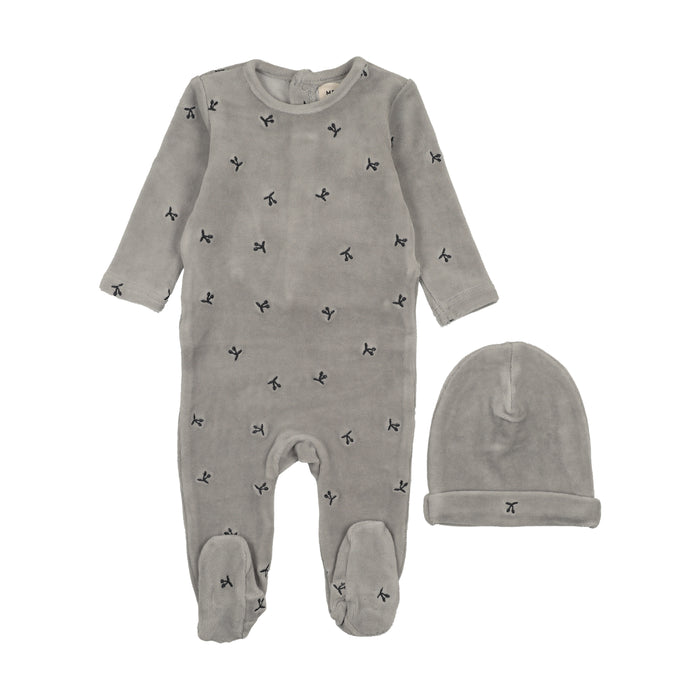 Baby Boy Footie + Hat |  Velour Scattered Cherries | Misty Blue| Mema Knits | AW25