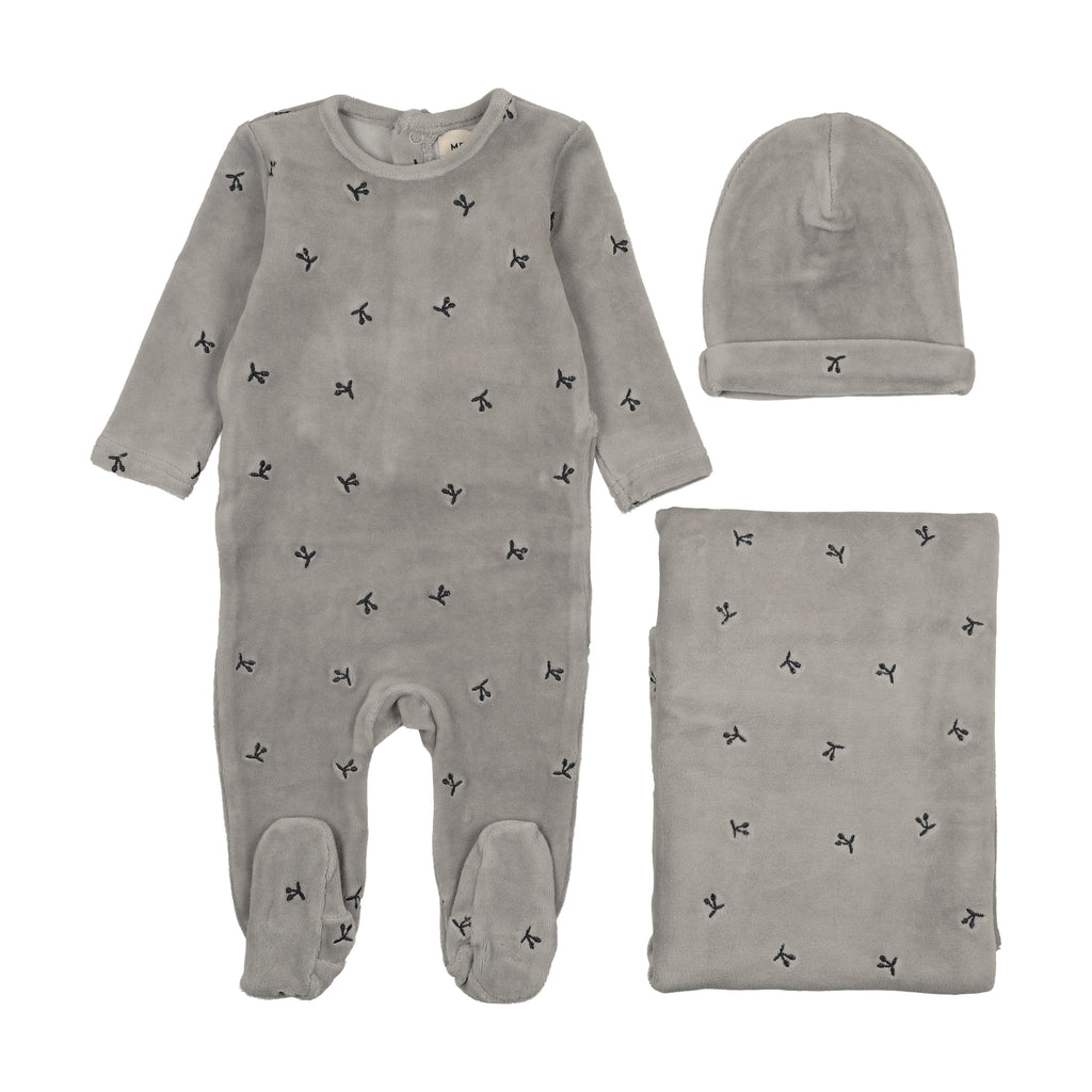 Baby Boy Layette Set | Velour Scattered Cherries | Misty Blue | Mema Knits | AW25