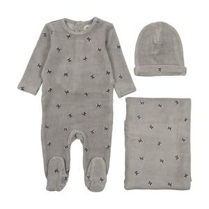 Baby Boy Layette Set | Velour Scattered Cherries | Misty Blue | Mema Knits | AW25
