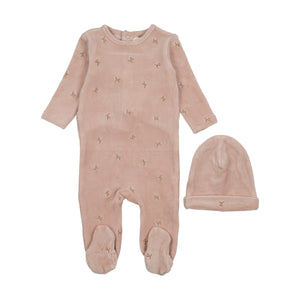 Baby Girl Footie + Hat |  Velour Scattered Cherries | Pink | Mema Knits | AW25