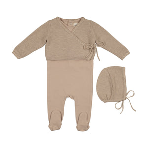 Baby Boy Footie + Sweater Set |  Embroidered Edge | Beige Melange | Mema Knits | AW25