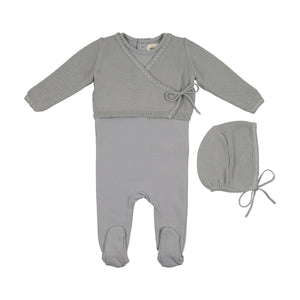 Baby Boy Footie + Sweater Set |  Embroidered Edge | Windy Blue| Mema Knits | AW25