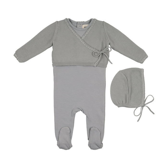 Baby Boy Footie + Sweater Set |  Embroidered Edge | Windy Blue| Mema Knits | AW25