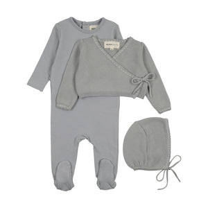 Baby Boy Footie + Sweater Set |  Embroidered Edge | Windy Blue| Mema Knits | AW25