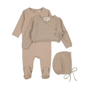 Baby Boy Footie + Sweater Set |  Embroidered Edge | Beige Melange | Mema Knits | AW25