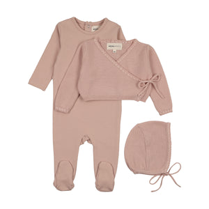 Baby Girl  Footie + Sweater Set |  Embroidered Edge | Pale Pink| Mema Knits | AW25