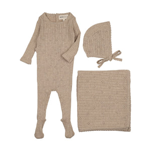 Baby Boy Layette Set | Pointelle Knit | Beige Melange| Mema Knits | AW25