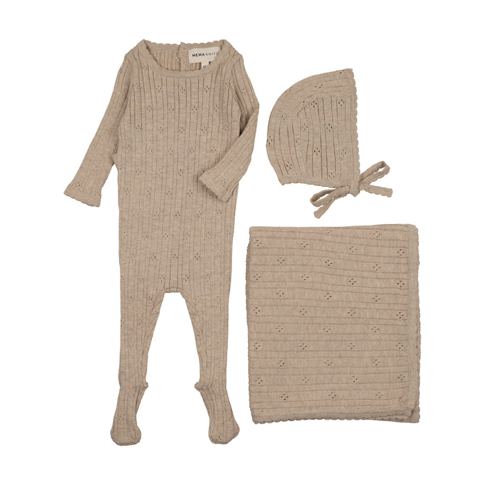 Baby Boy Layette Set | Pointelle Knit | Beige Melange| Mema Knits | AW25