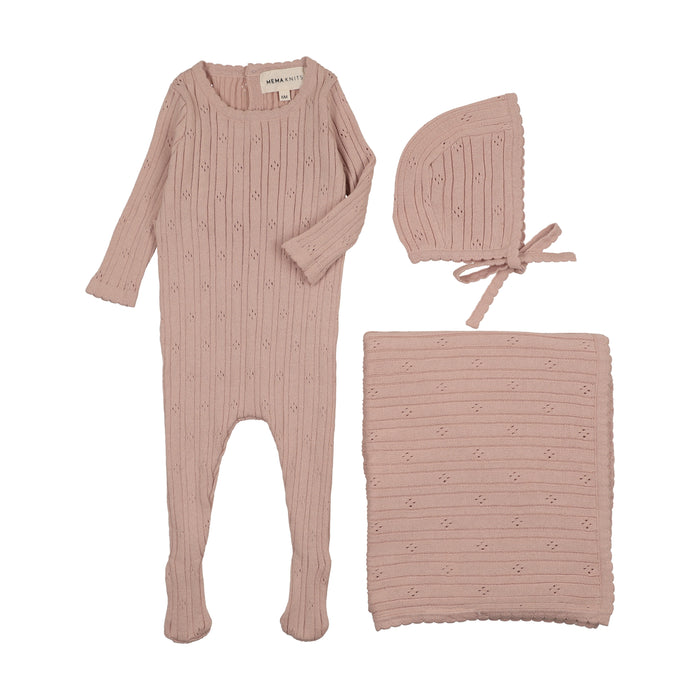 Baby Girl Layette Set | Pointelle Knit | Pale Pink | Mema Knits | AW25