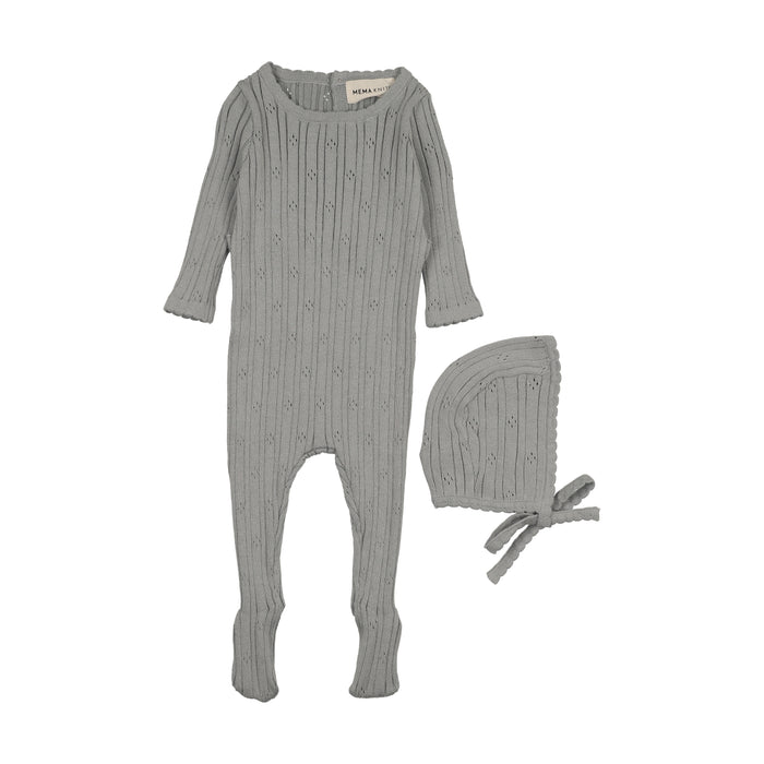Baby Boy Footie + Hat |Pointelle Knit | Windy Blue | Mema Knits | AW25