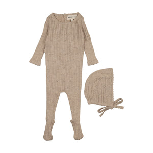 Baby Boy Footie + Hat |Pointelle Knit | Beige Melange | Mema Knits | AW25