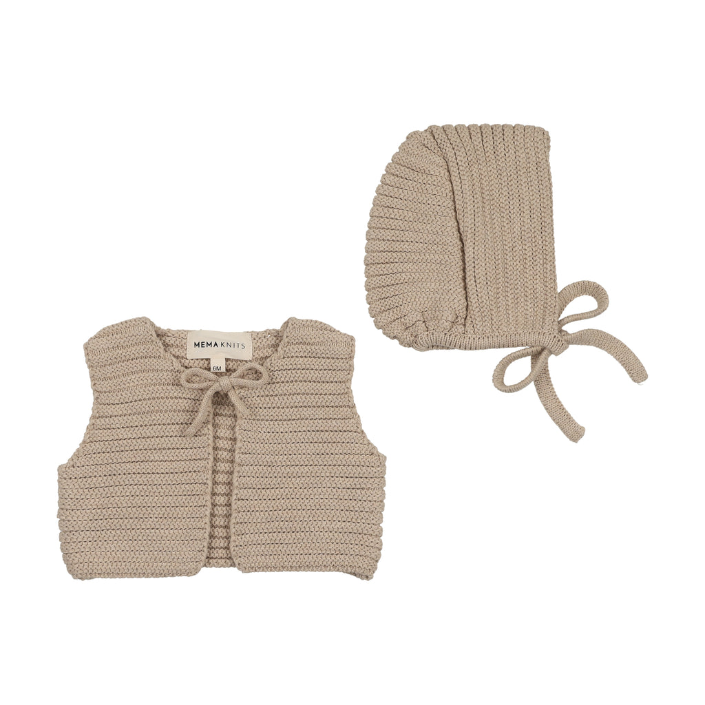 Baby Boy Knit Vest + Bonnet | Knit Crop | Beige Melange | Mema Knits | AW25