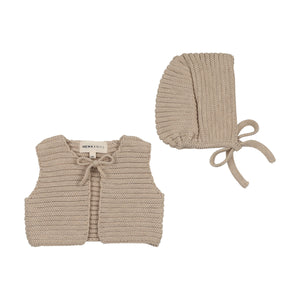 Baby Boy Knit Vest + Bonnet | Knit Crop | Beige Melange | Mema Knits | AW25