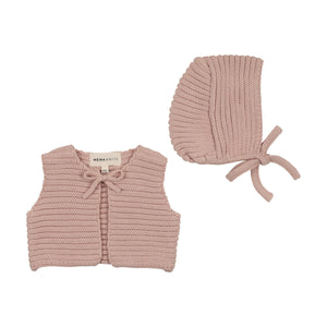 Baby Girl Knit Vest + Bonnet | Knit Crop | Pale Pink | Mema Knits | AW25