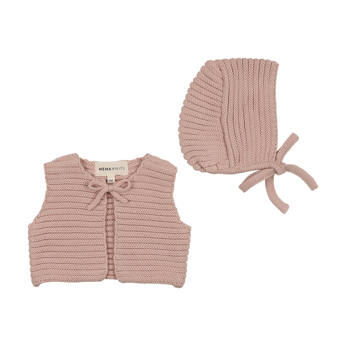 Baby Girl Knit Vest + Bonnet | Knit Crop | Pale Pink | Mema Knits | AW25