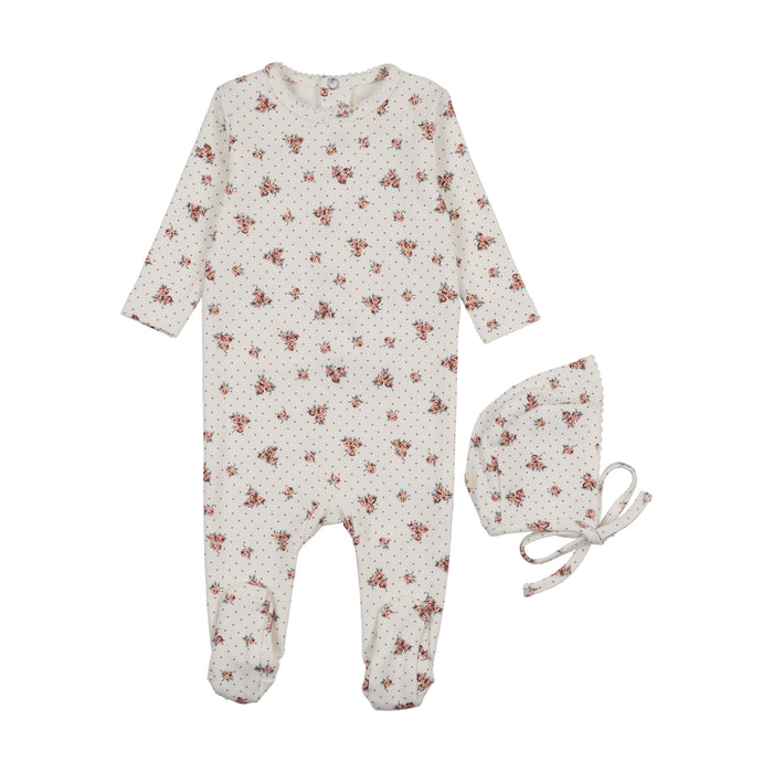 Baby Girl Footie + Hat |Floral Printed | White | Mema Knits | AW25