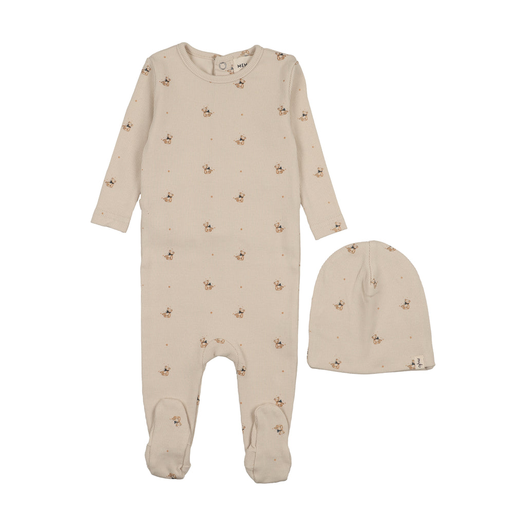 Baby Neutral Footie + Hat | Teddy Bear Print | Mema Knits | AW25