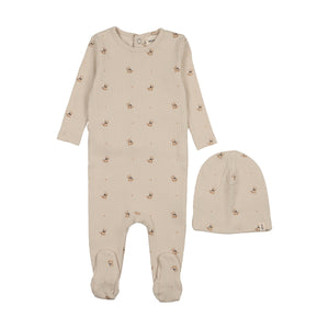 Baby Neutral Footie + Hat | Teddy Bear Print | Mema Knits | AW25