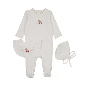 Baby Girl Footie + Hat + Bib | Embossed Duck | Winter White/Pink Duck | Mema Knits | AW25