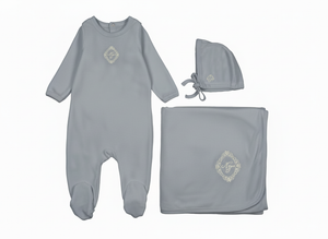 Baby Boy Layette Set | Monogram Majesty Cardigan | Sapphire Blue | Mon Tresor | AW26