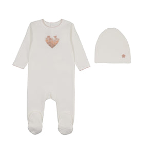 Baby Girl Footie + Hat | Petal Heart | Ivory | Mon Tresor | AW26