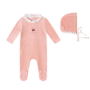 Baby Girl Footie + Hat | Floral Collared Velour | Pink | Minilabel | AW26